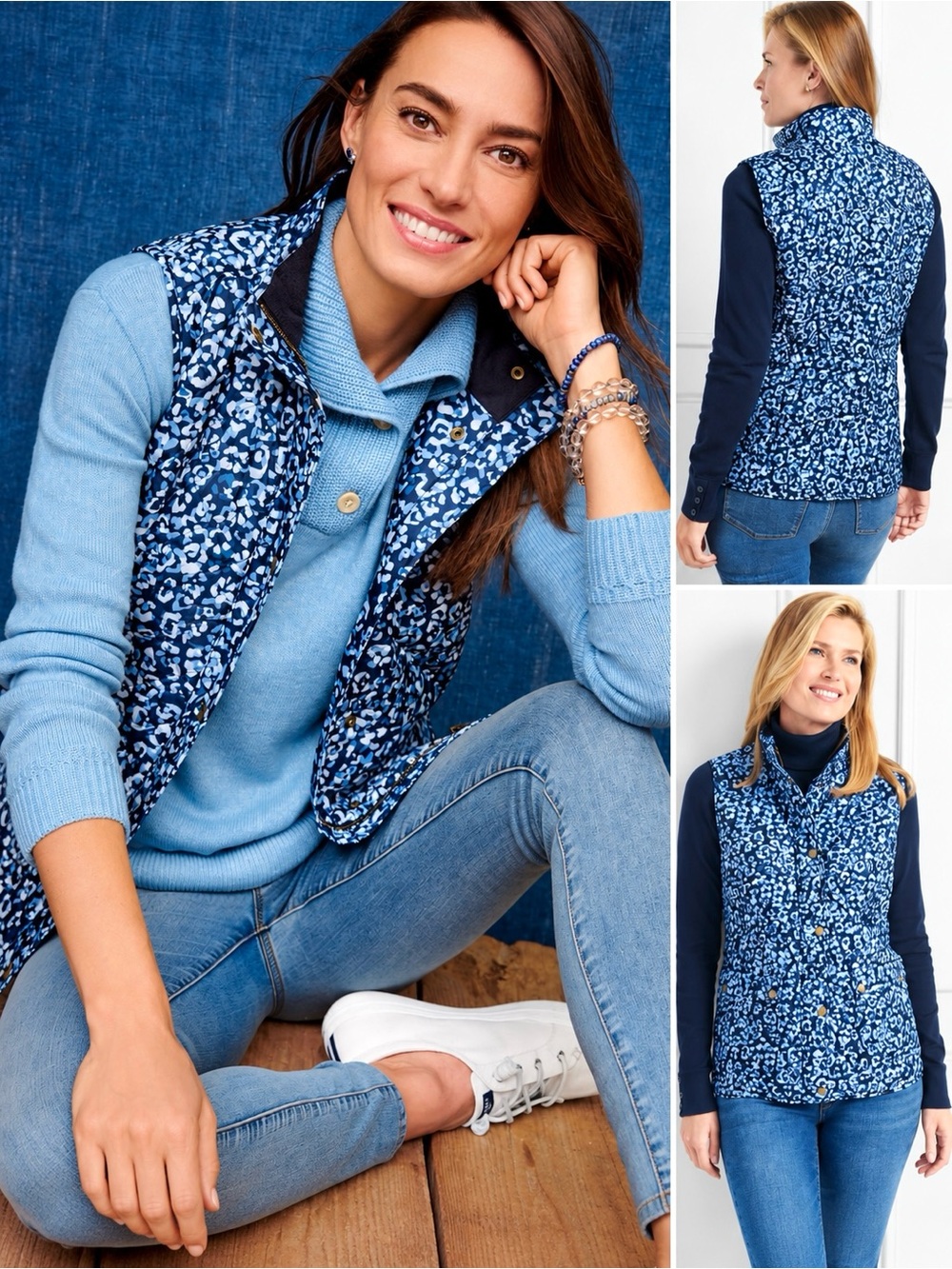 Talbots Quilted Vest Fleece Lined Leopard Print Flap Pockets Snap Buttons Zip